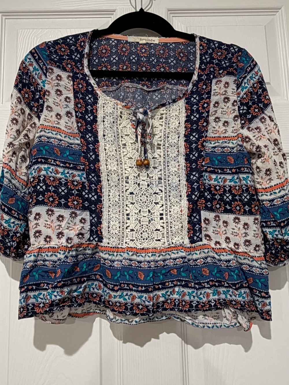 Rewind Navy, Teal and Rust Crochet-Front Peasant Tunic